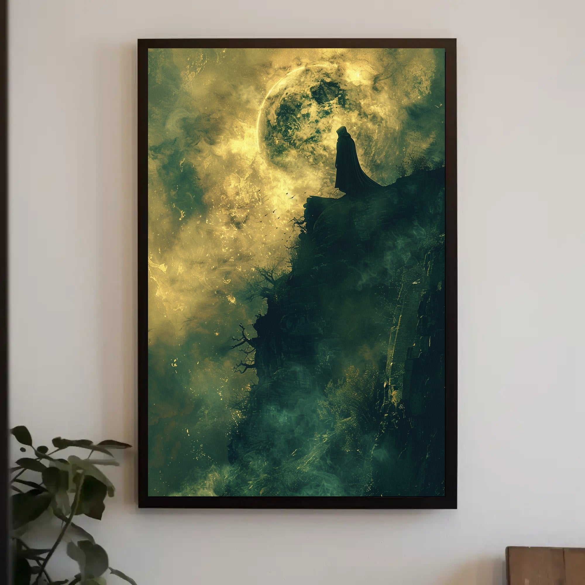 Mysterious Cloaked Figure Under Glowing Moon Fantasy Poster