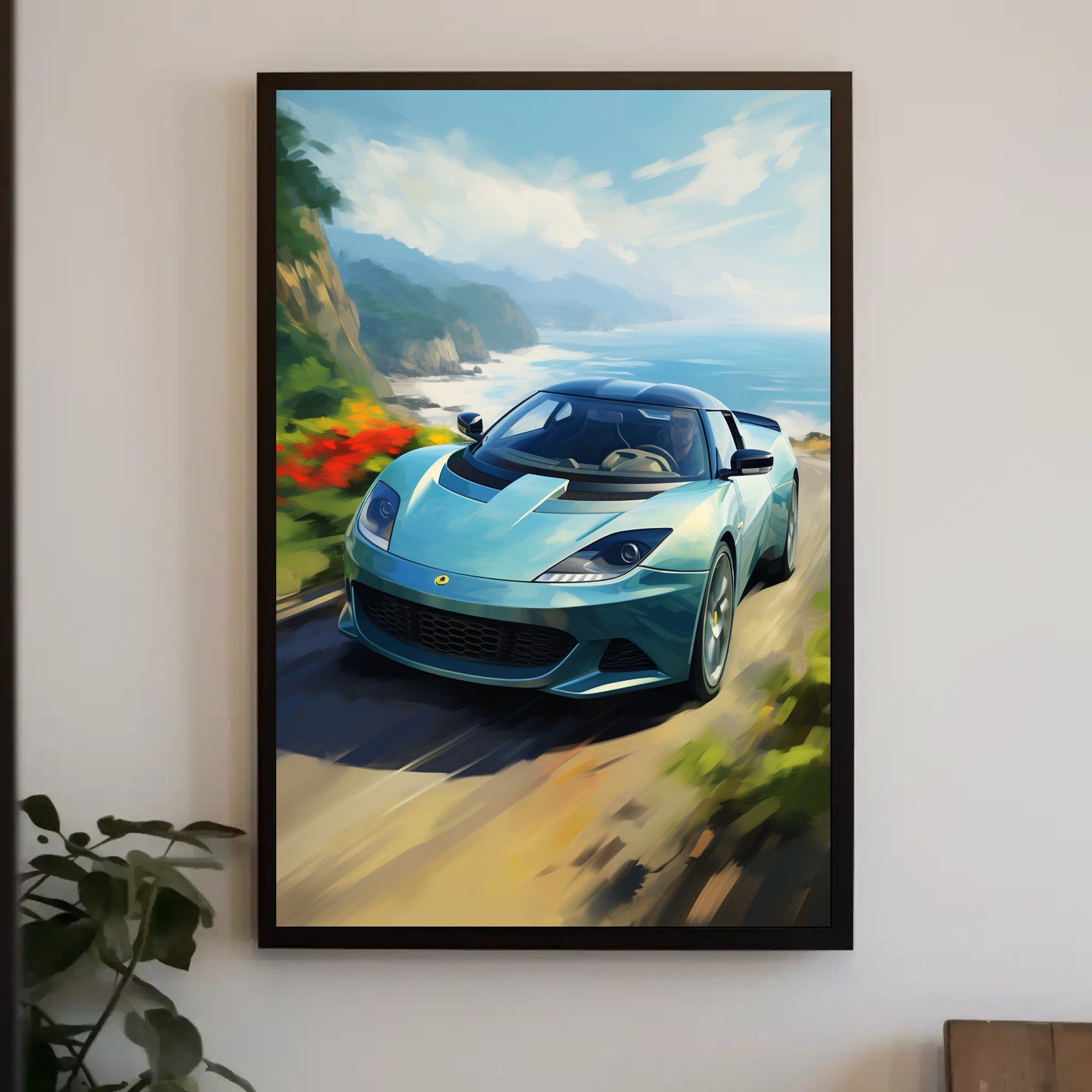 Coastal Drive with a Sports Car Poster PosterGoat