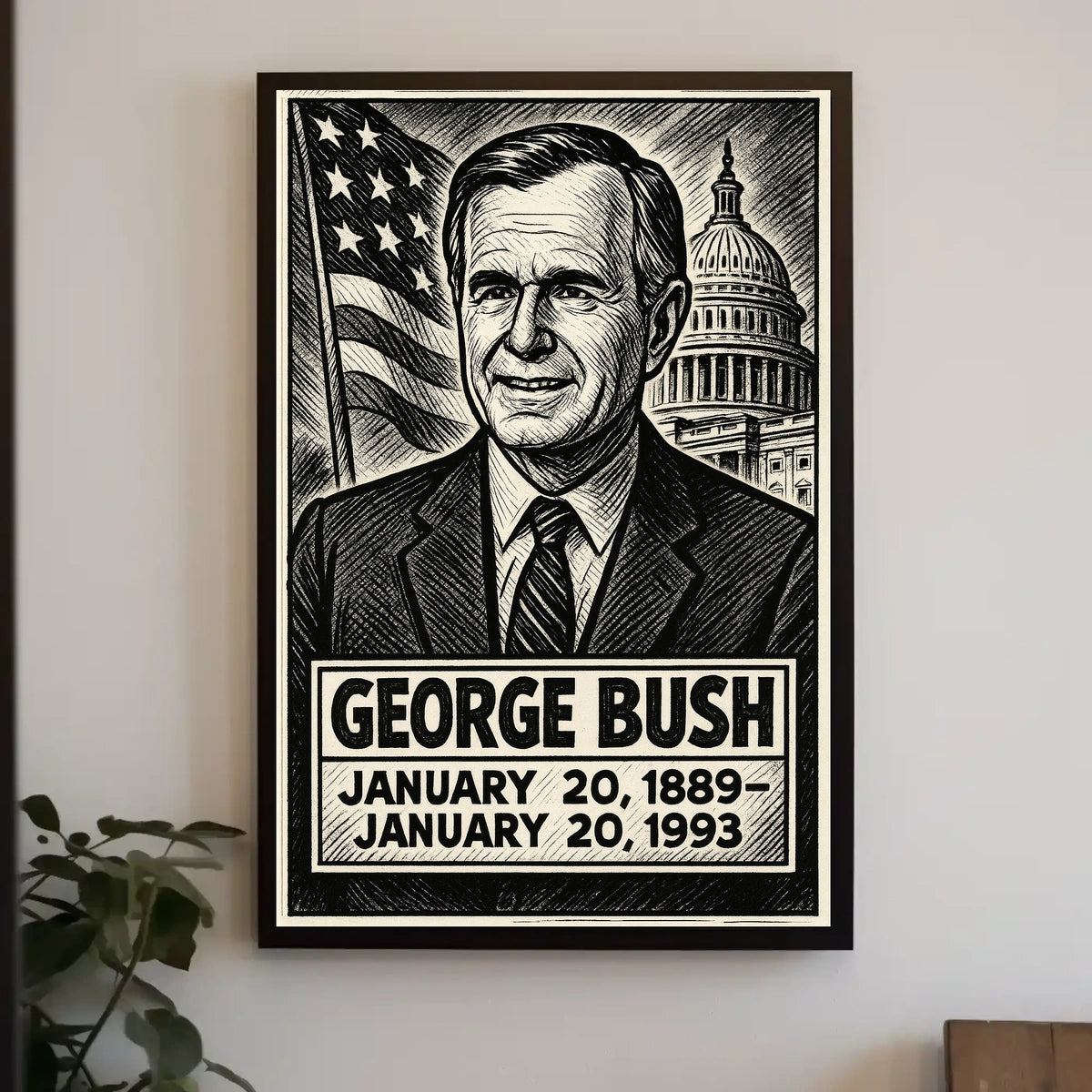 George H. W. Bush 41st President of the United States B & W Comic Sketch Poster