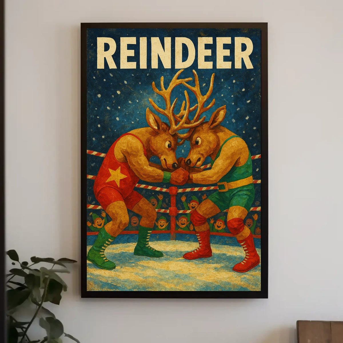 Whimsical Reindeer Wrestling Holiday Poster Art Print