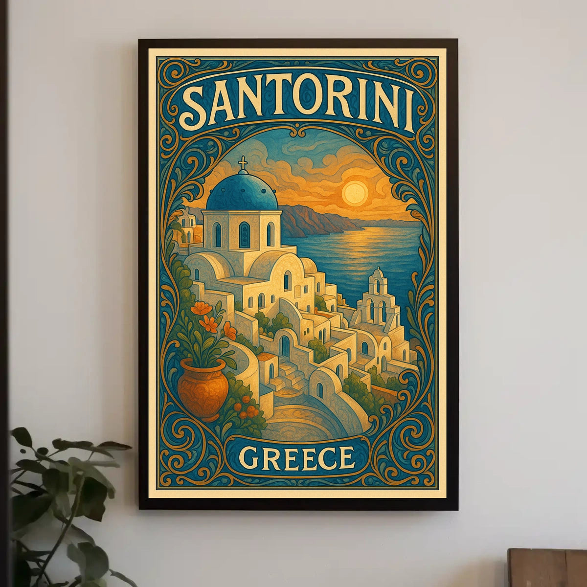Santorini Sunset Vintage Travel Dreamer Poster