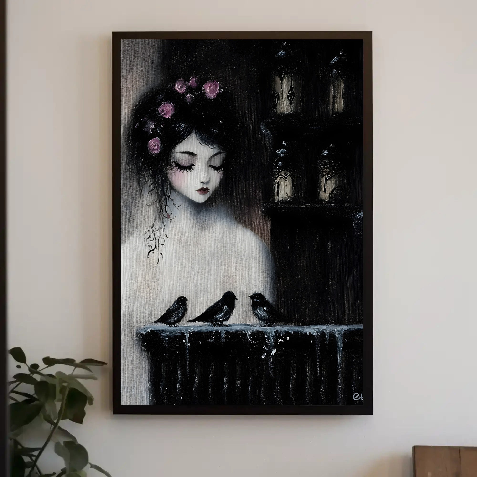 Ethereal Gothic Woman with Roses and Birds Poster PosterGoat