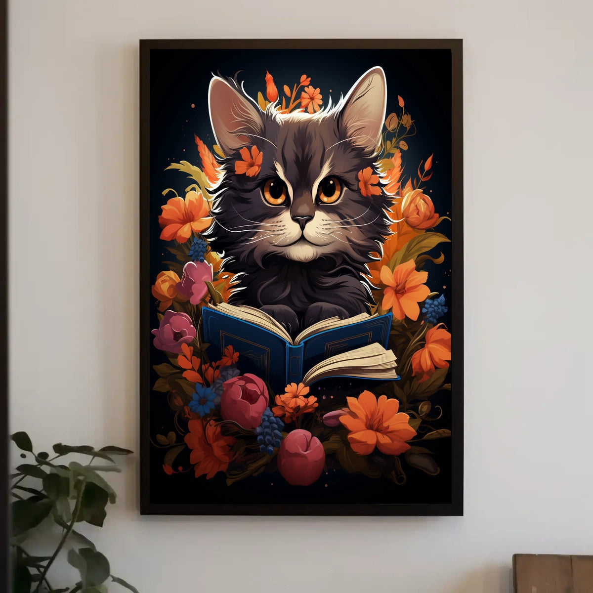 Whimsical Cat Portrait with Vibrant Floral Accents