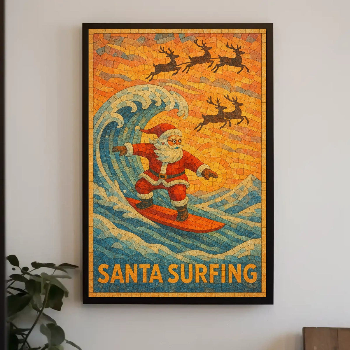 Santa Surfing Christmas Mosaic Art Poster