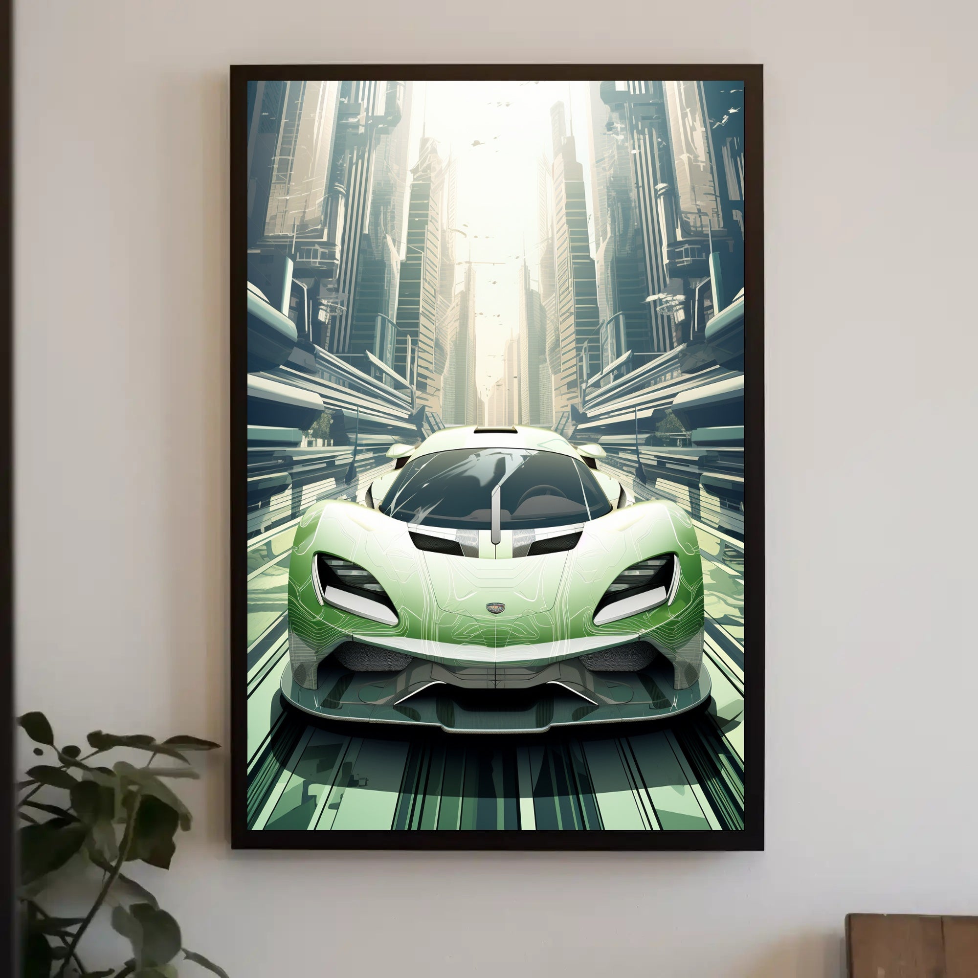 Futuristic Supercar in a Modern Cityscape Poster PosterGoat