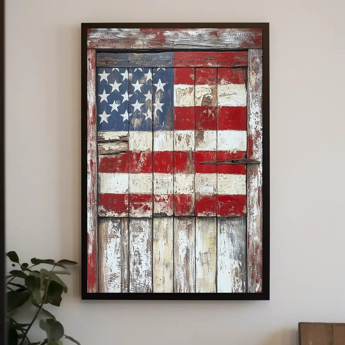 wooden barn door with faded American flag Poster