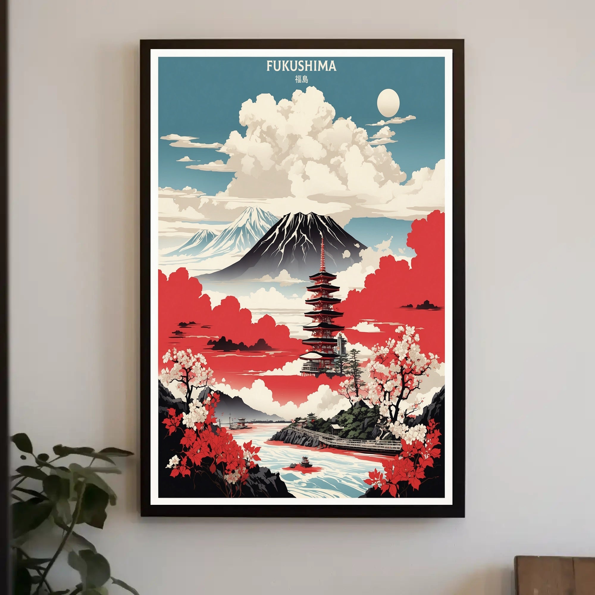 Japanese Tranquility Travel Poster with Pagoda and Mount Fuji