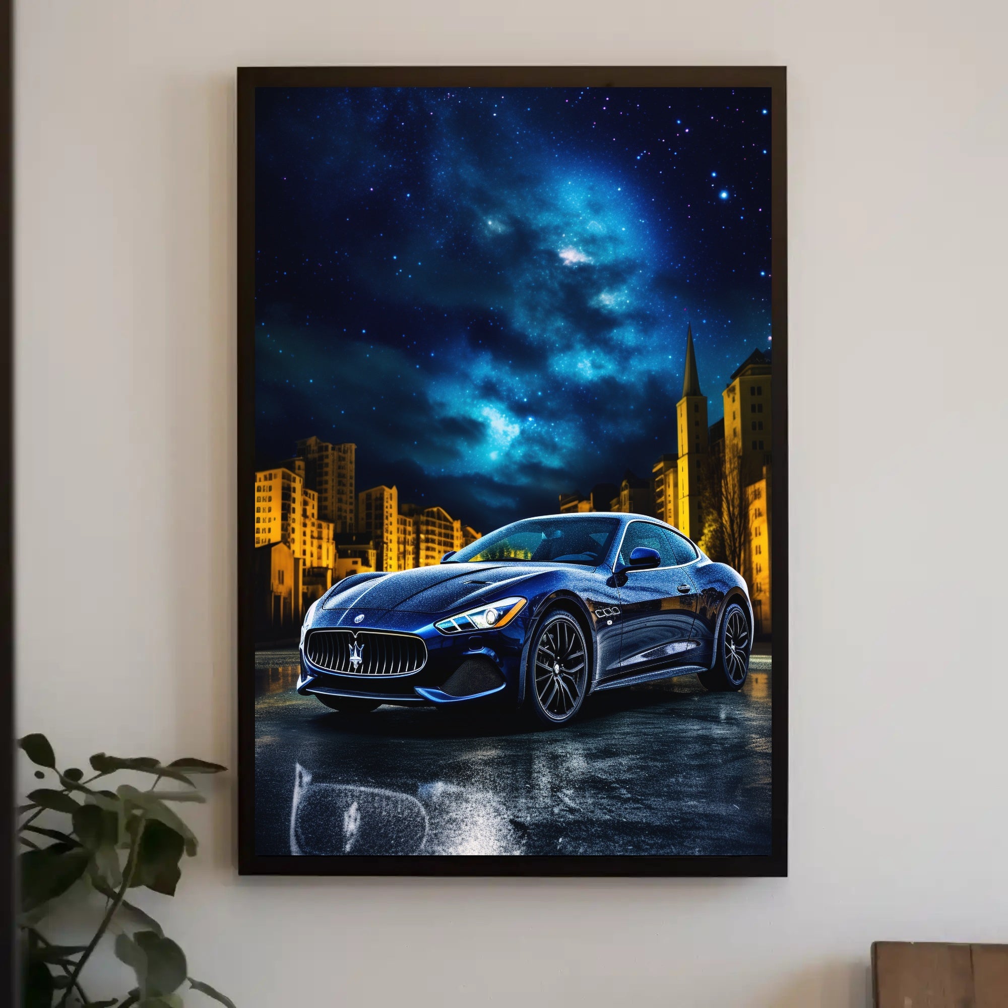 Sleek Modern Sports Car in Urban Night Futuristic Sci-Fi Poster