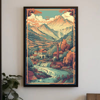Serene Mountain Village: Tranquil Escape with Cascading River Poster