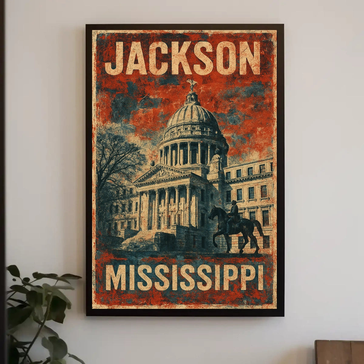 Jackson Mississippi Vintage Patriotic Architecture Capitol Building Heritage Horse Statue Eighties Typography Poster