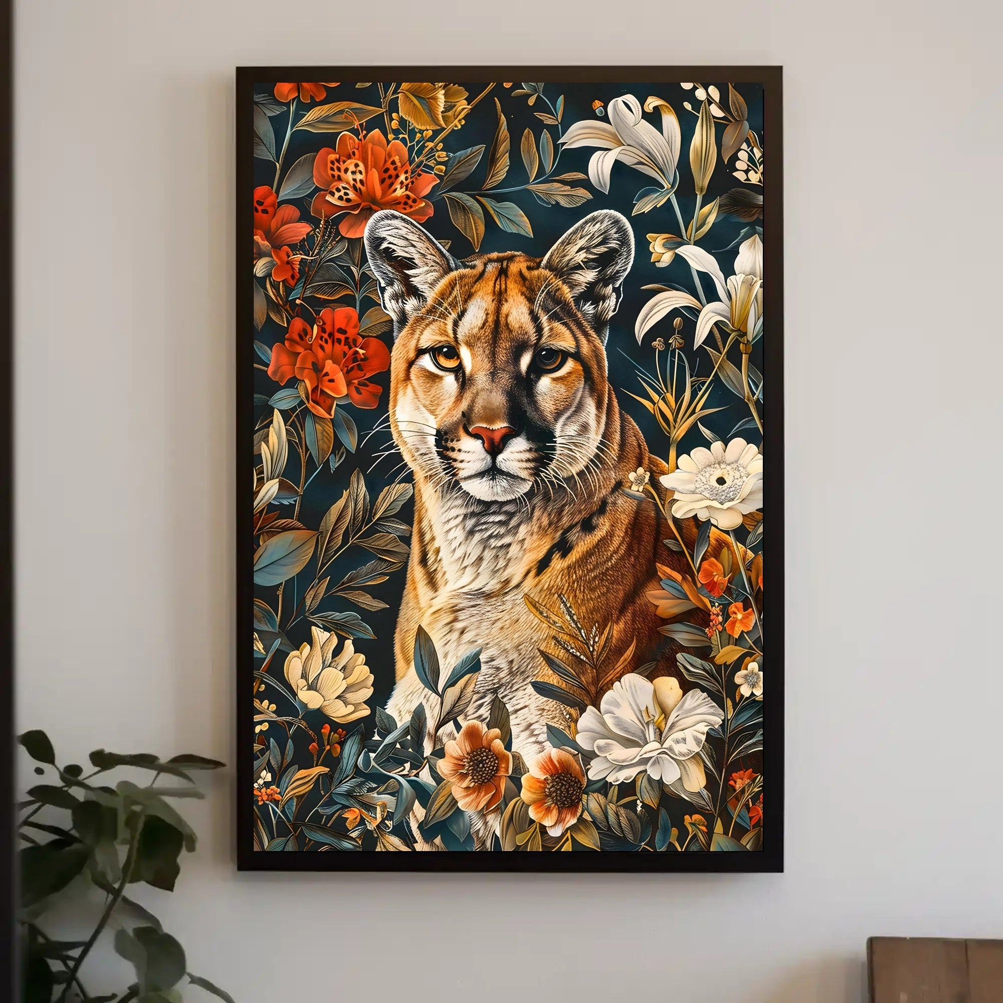 Majestic Cougar Floral Wall Art Print