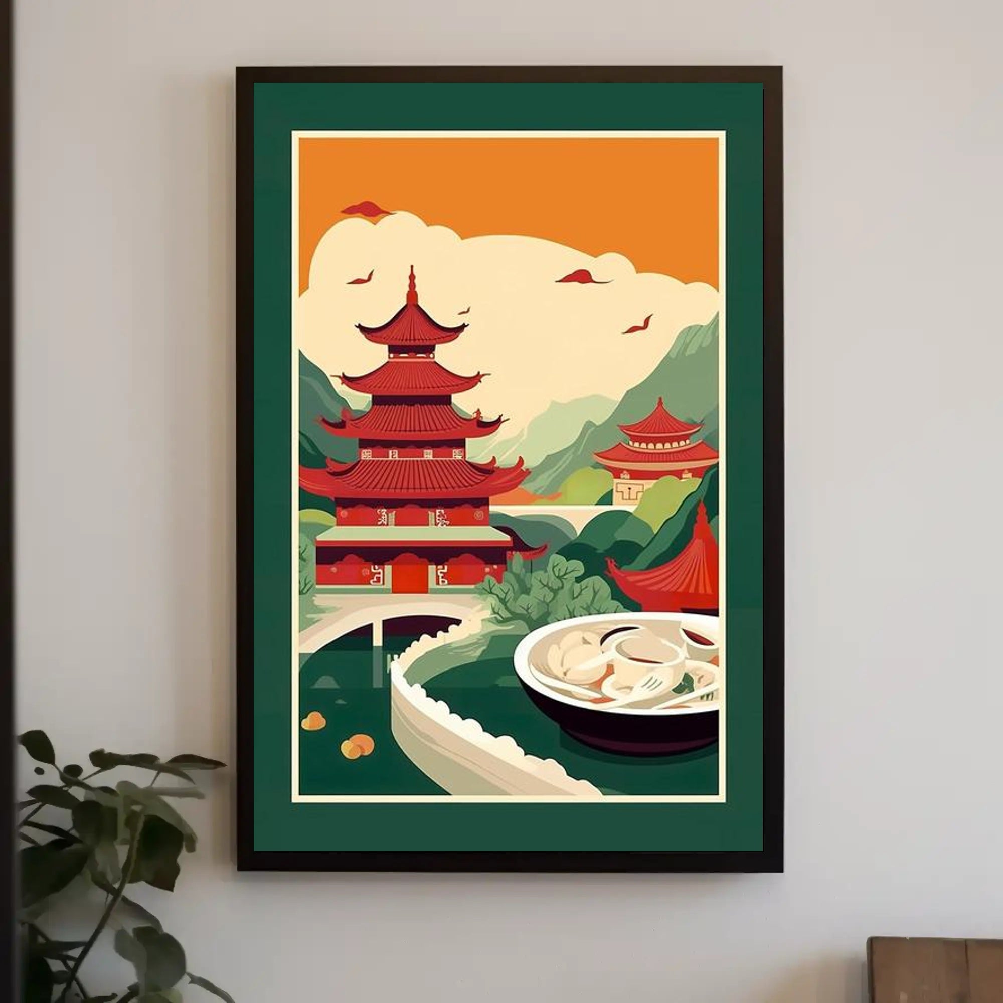 Title: Serene Asian Landscape with Culinary Fusion Poster