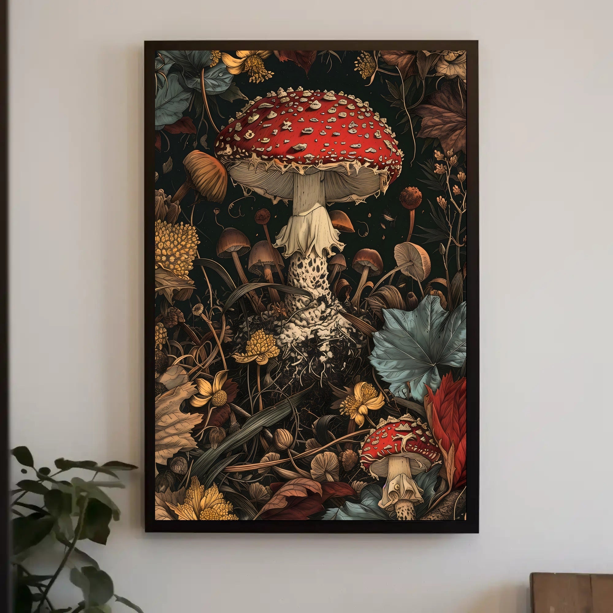 Lush Forest Floor with Enchanting Mushroom Fantasy Poster