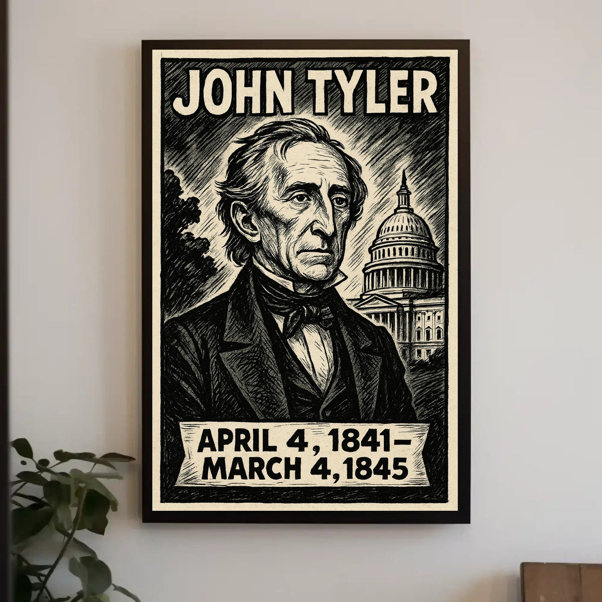 John Tyler 10th President of the United States B & W Comic Sketch Poster