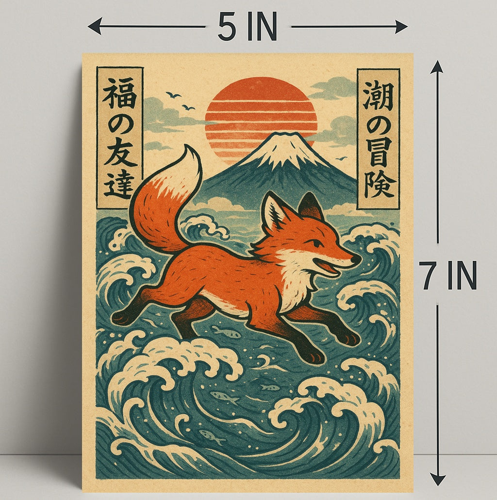 Fox Adventure in Japanese Waves Poster PosterGoat