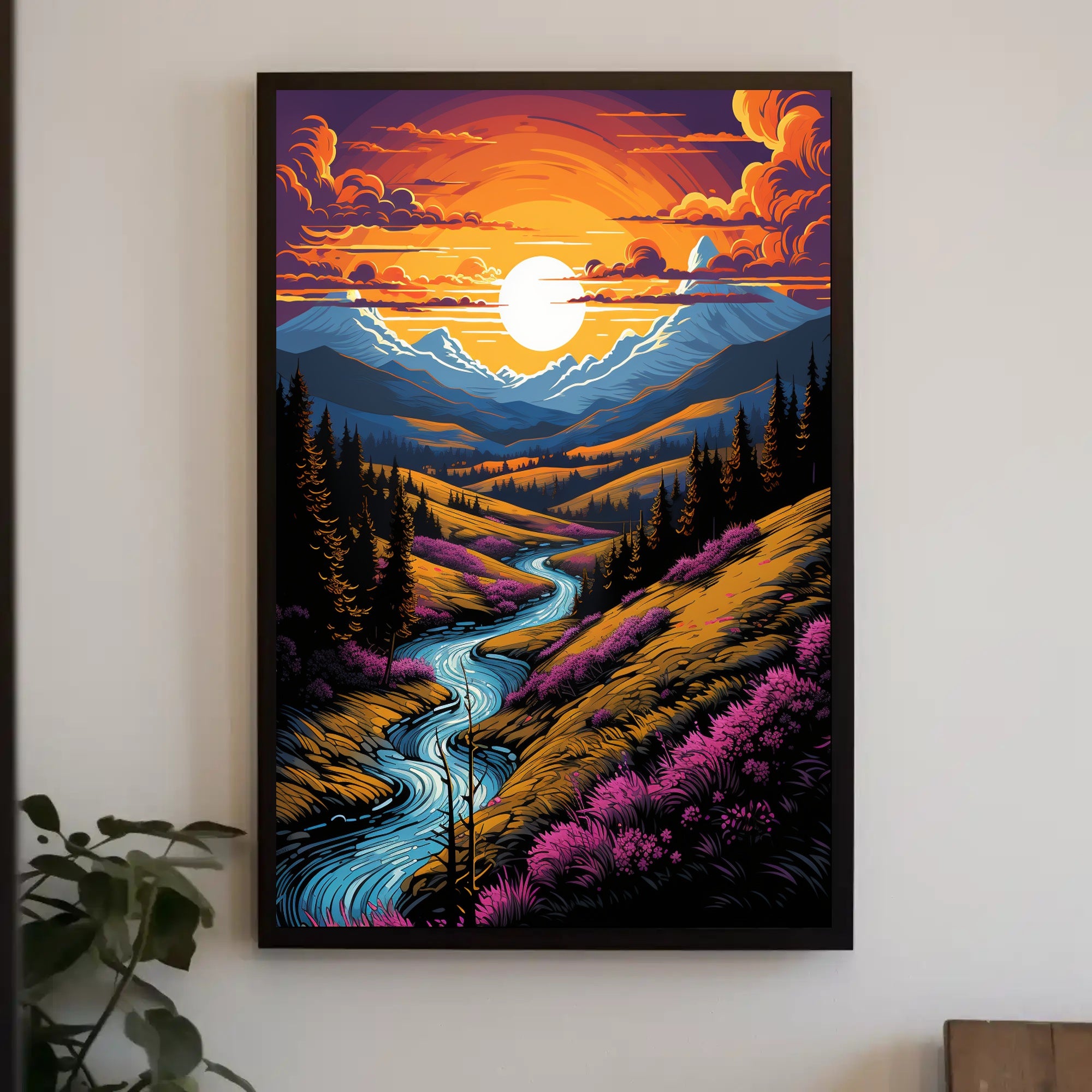 Sunset Over Mountain Stream Poster