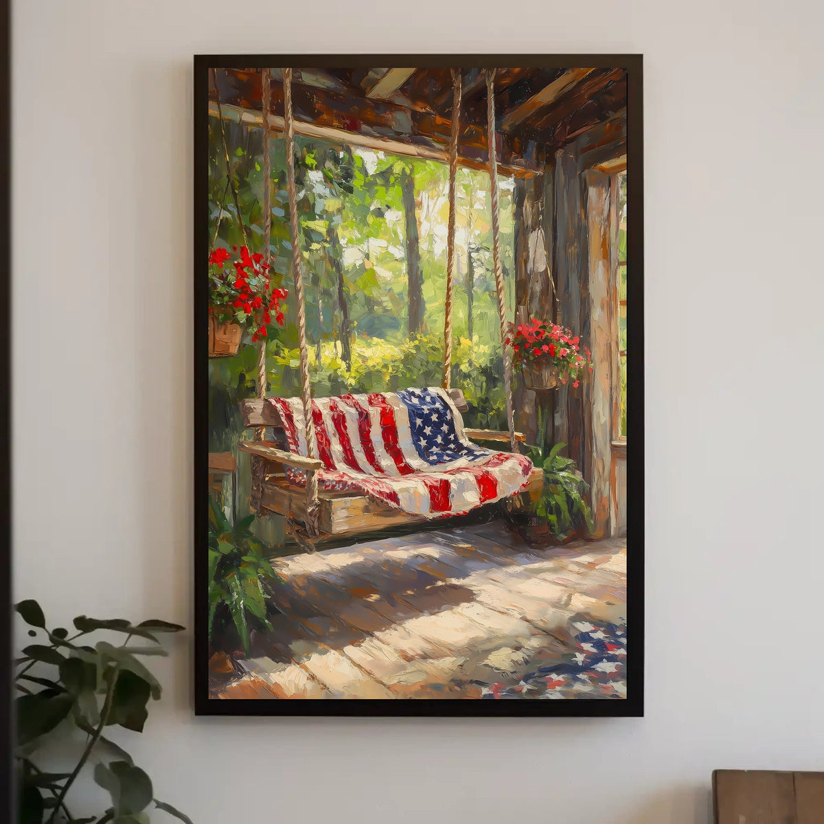 rustic porch swing draped with an American flag Poster