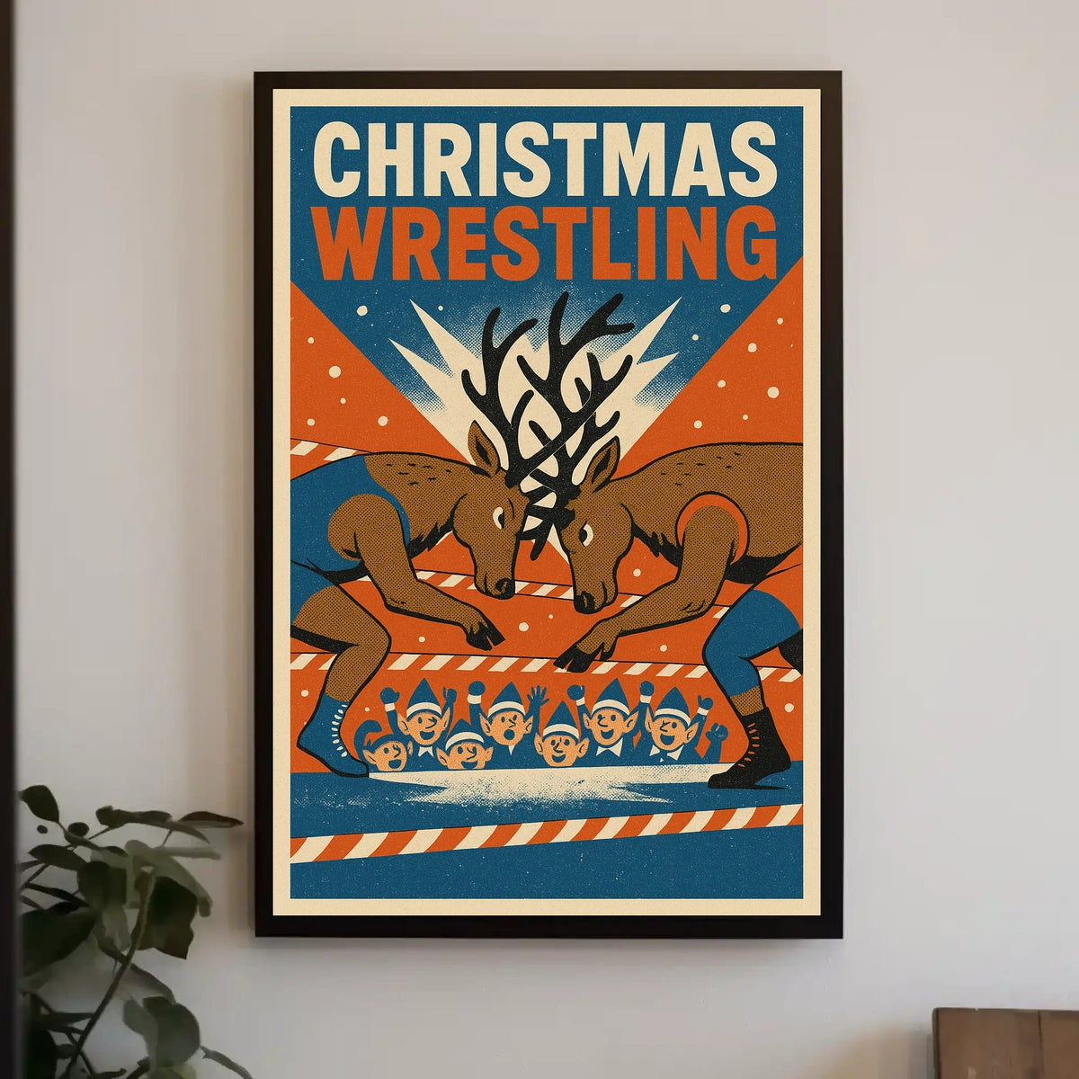 Christmas Wrestling Reindeer Vintage Holiday Poster Art