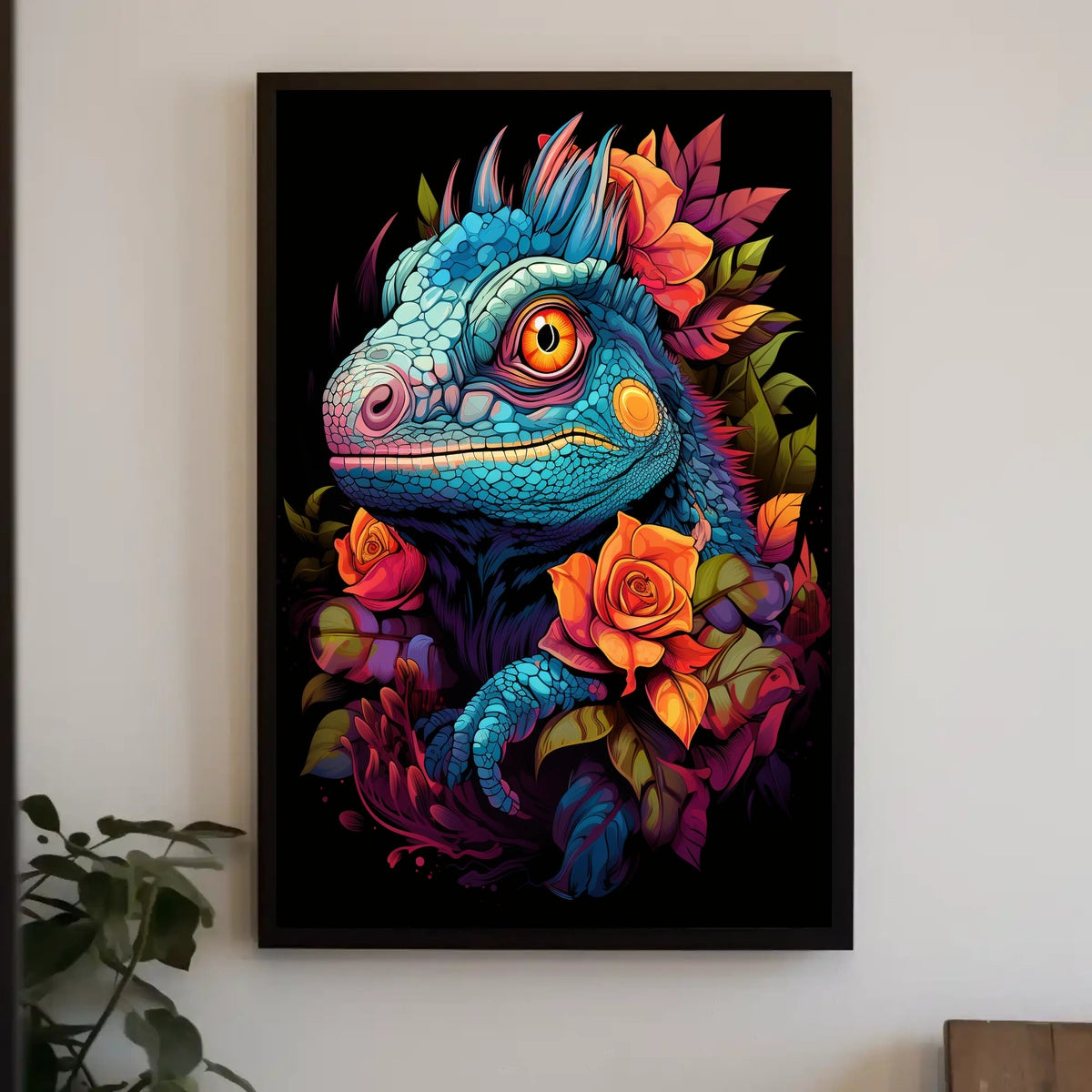 Vibrant Iguana With Roses Poster