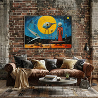Surrealistic Abstract Art Poster with Bird and Humanoid Figures