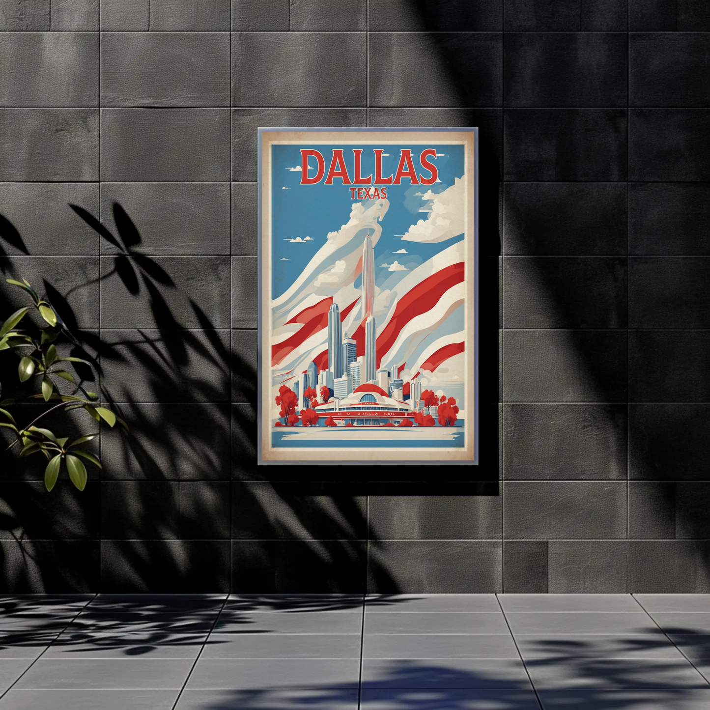 Dallas Texas Skyline Red White Blue Vintage Travel Poster