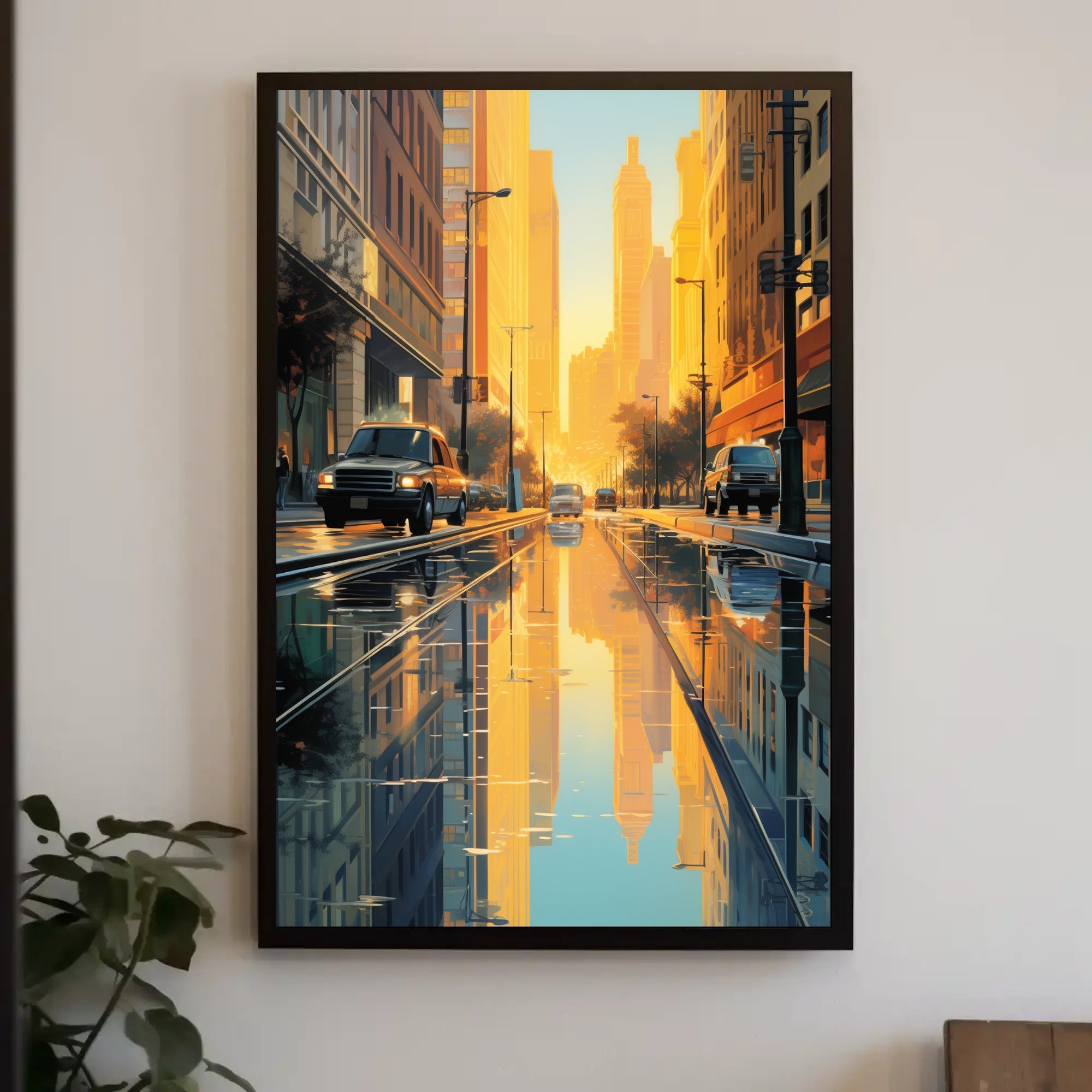 Urban Reflections: Serene Street Scene Artistic Poster