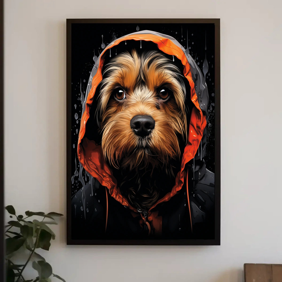 Stylized Dog in Hooded Raincoat Artistic Animal Poster