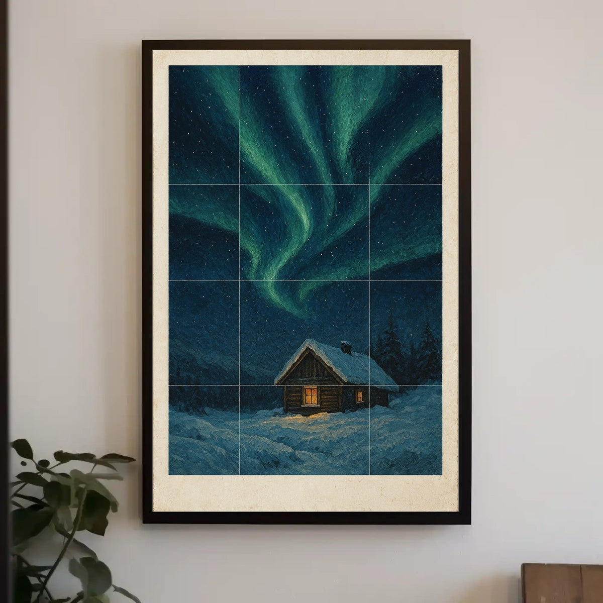 Northern Lights Over Snowy Cabin Poster