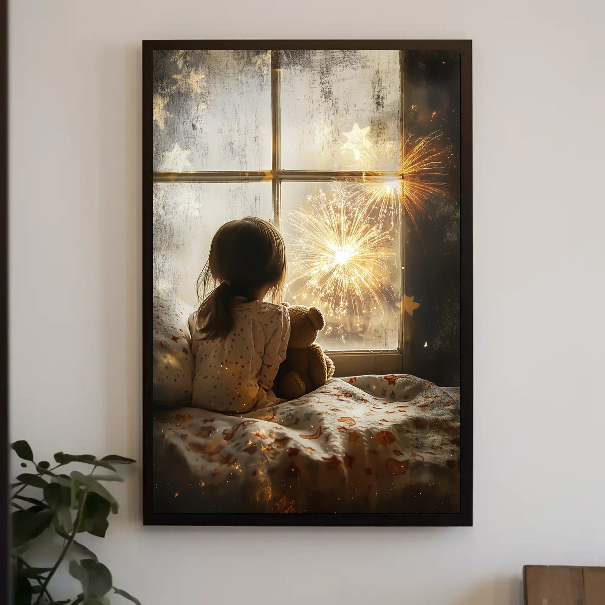 Little Girl Watching Fireworks At Window Scene Poster