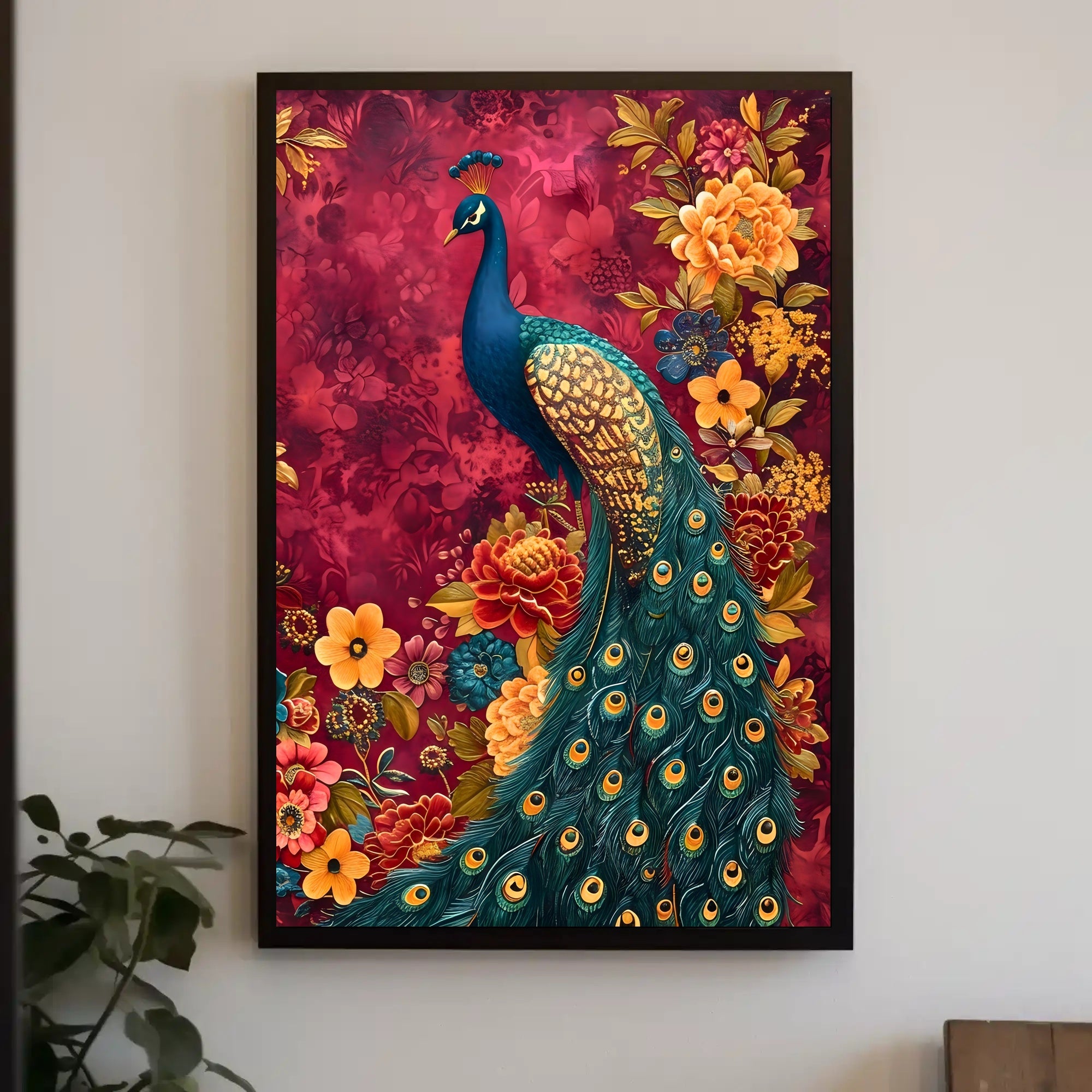 Majestic Peacock Amidst Lush Blooms: Artistic Animal Poster