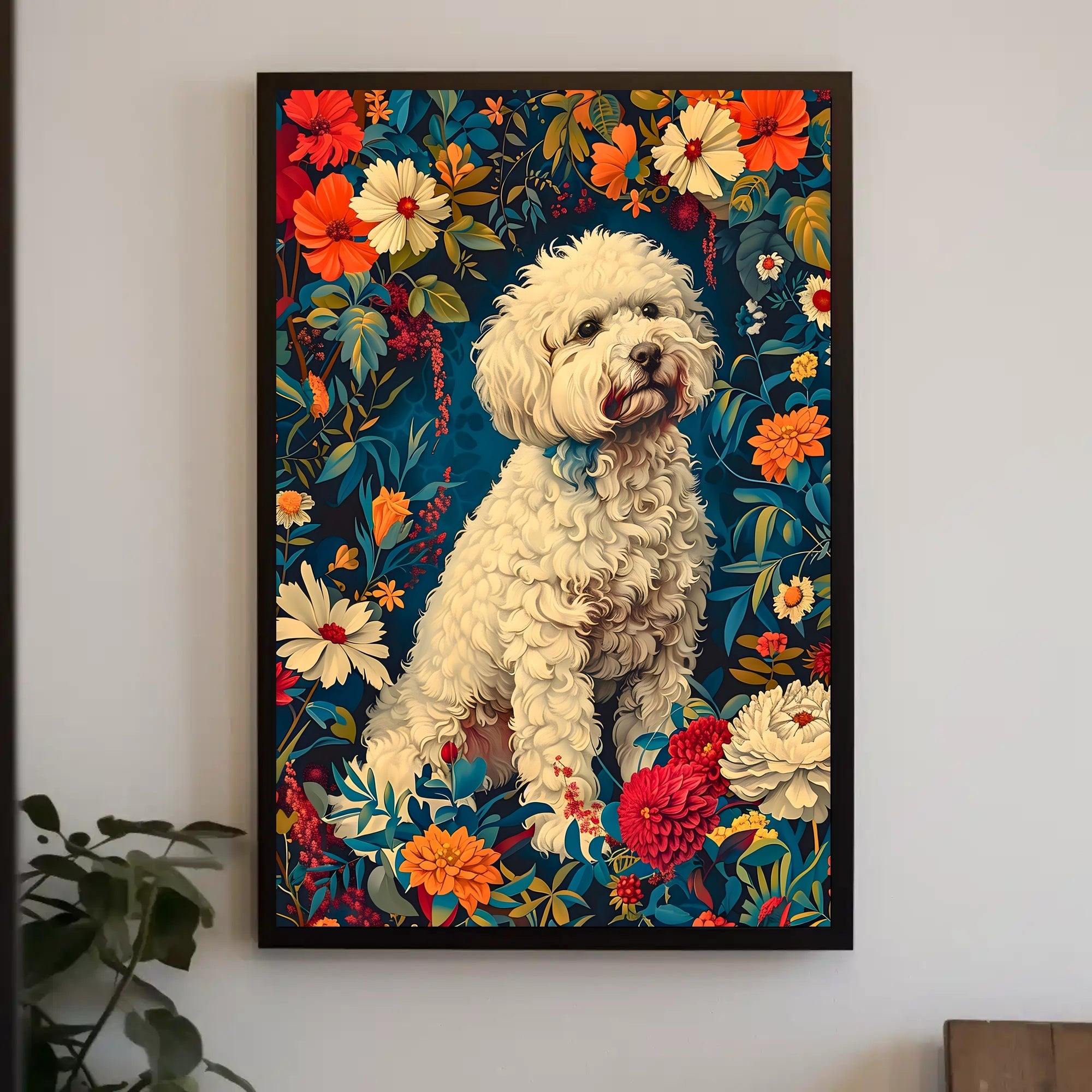 Fluffy Dog in Flower Garden Animal Poster