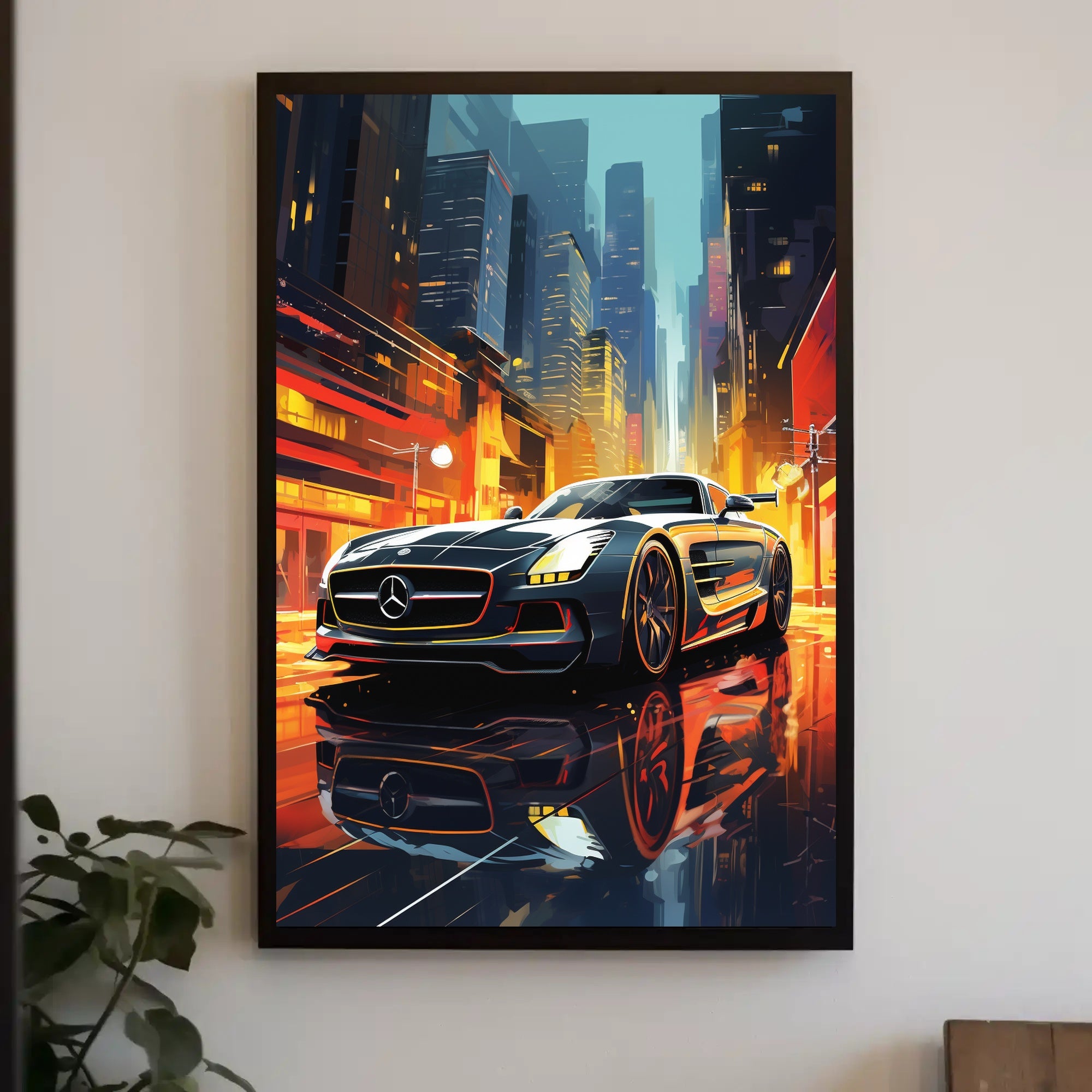 Futuristic Sports Car in Vibrant Cityscape - Futuristic Sci-Fi Poster