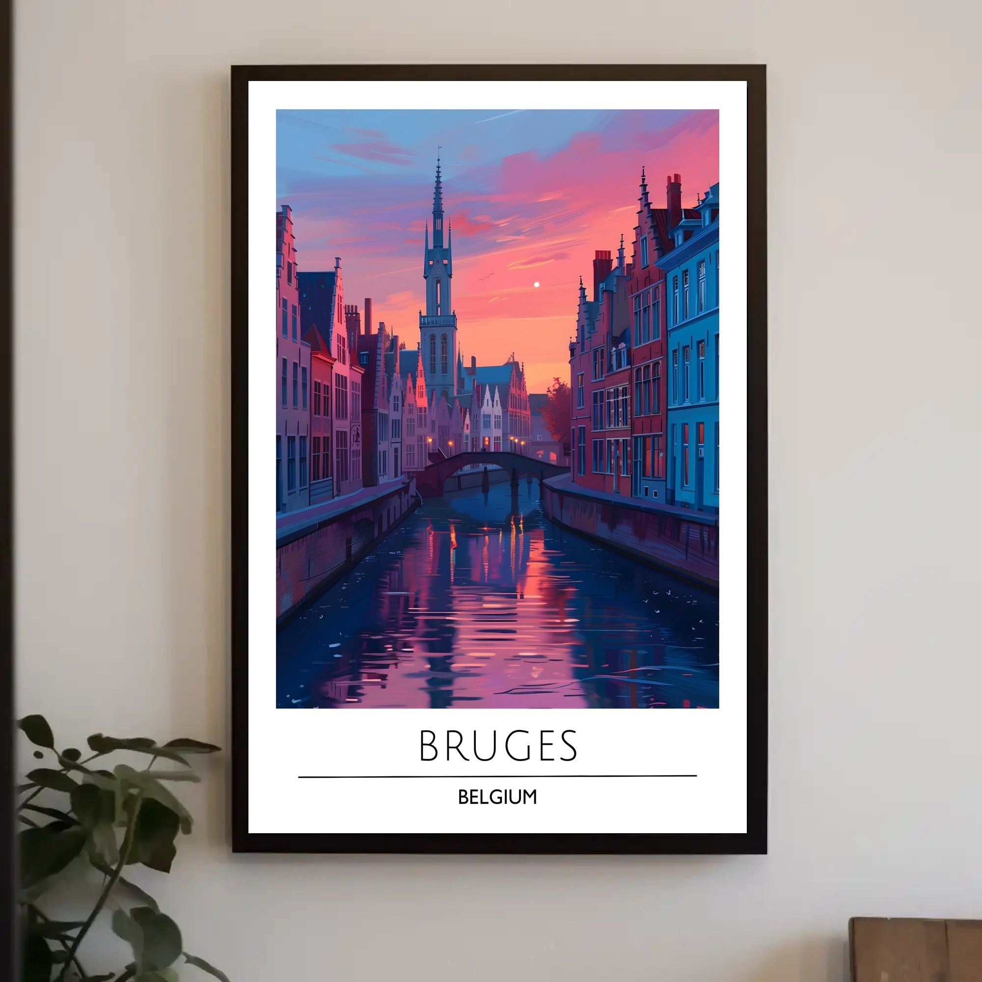Scenic Bruges Canal Sunset Travel Poster