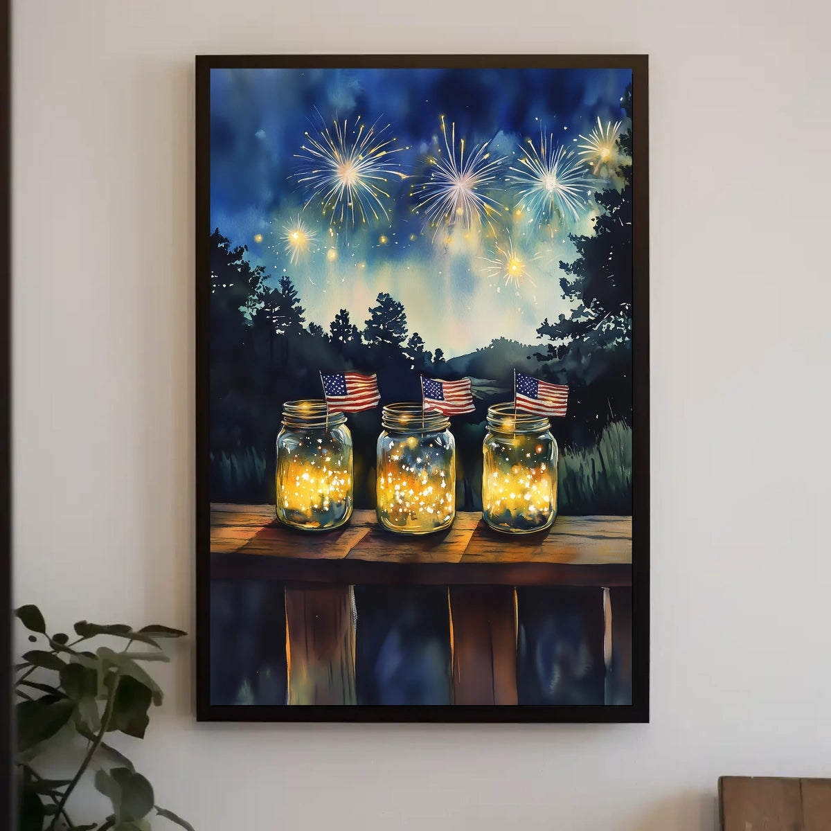 Three Mason Jars Glowing With Fireflies Rustic Poster