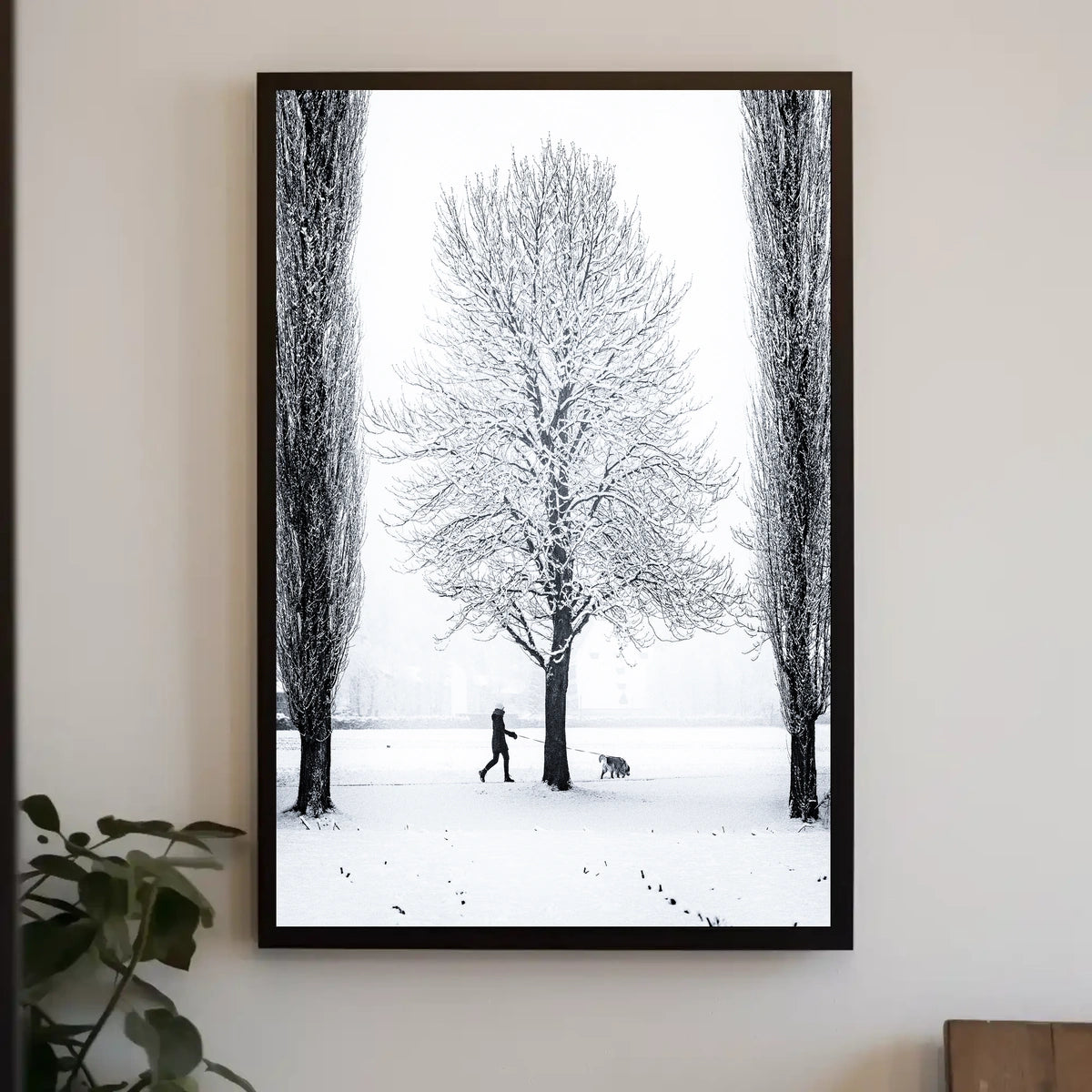 Winter Serenity: Dog Walker in Snowy Landscape
