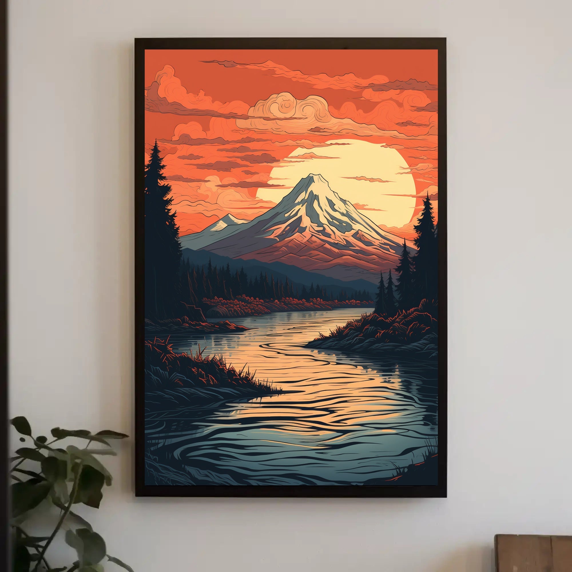 Mountains and River Scenic View Vintage Travel Poster
