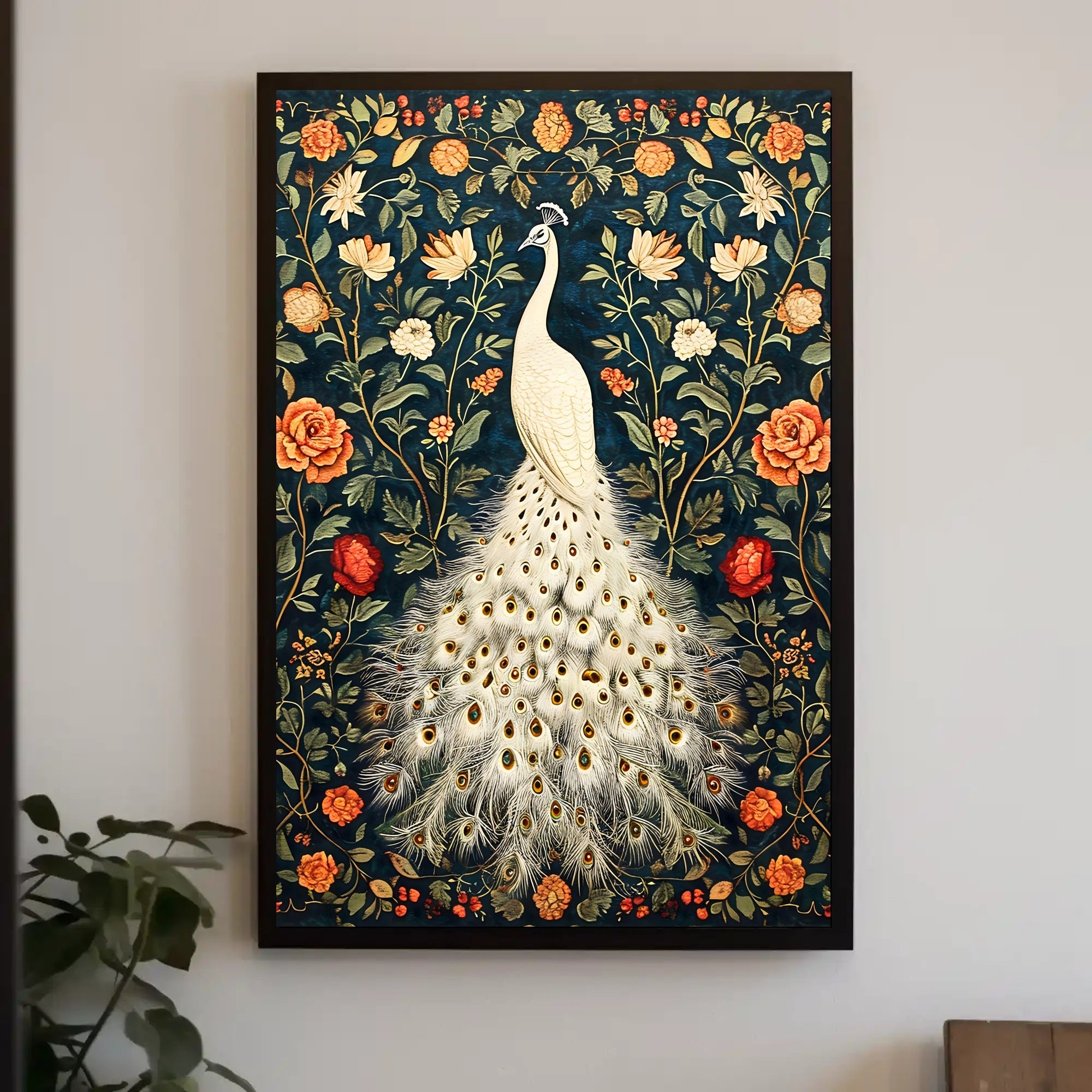Exquisite White Peacock Among Floral Splendor - Artistic Poster