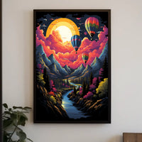 Vibrant Surreal Landscape Poster with Hot Air Balloons