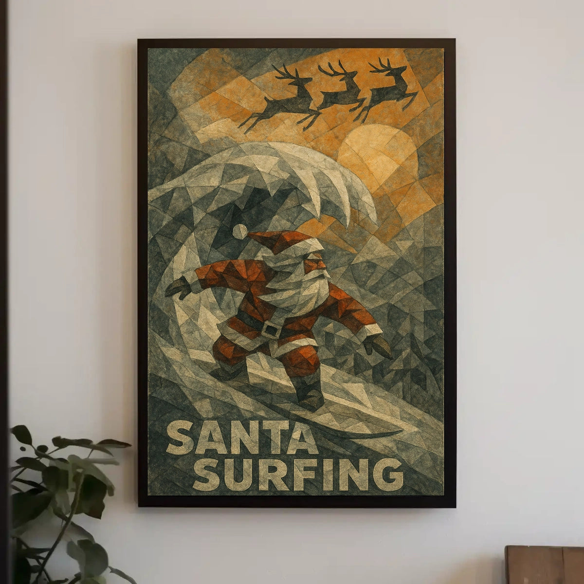 Santa Surfing Holiday Poster with Reindeer Silhouettes