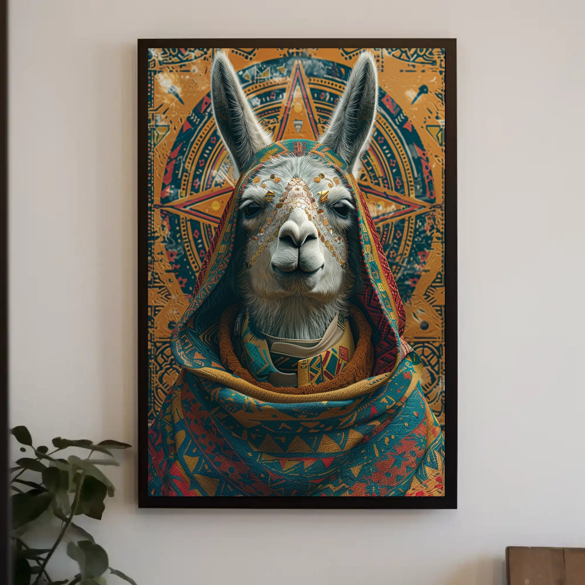 Celebratory Llama Art in Cultural or Heritage Poster PosterGoat