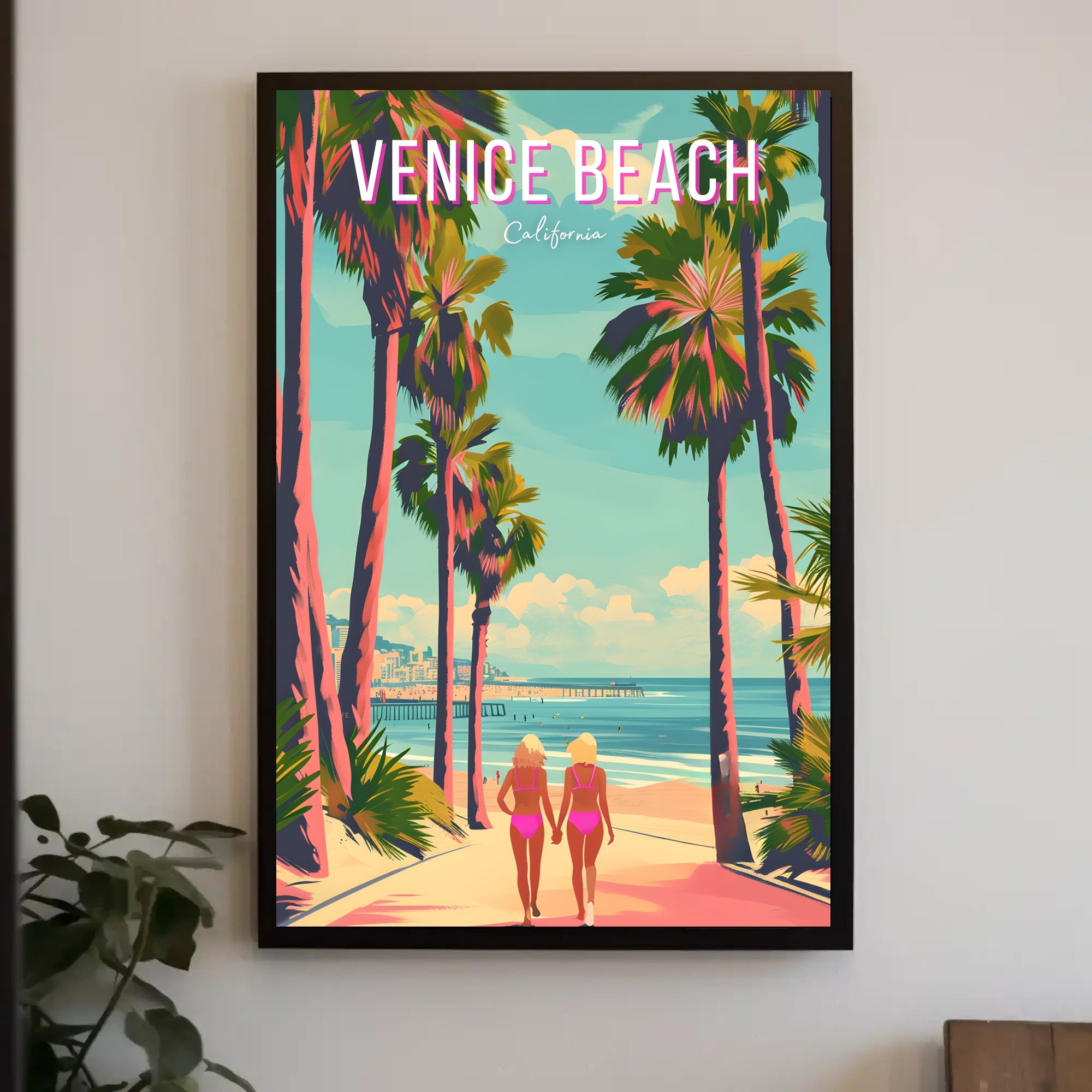 Venice Beach Vintage Travel Art with Palm Trees Scene Travel Poster