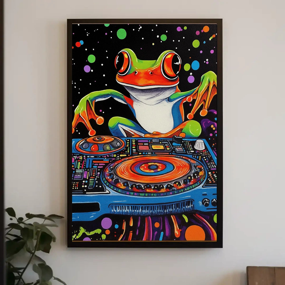 Colorful Frog DJ Vibes in Psychedelic Abstract Poster