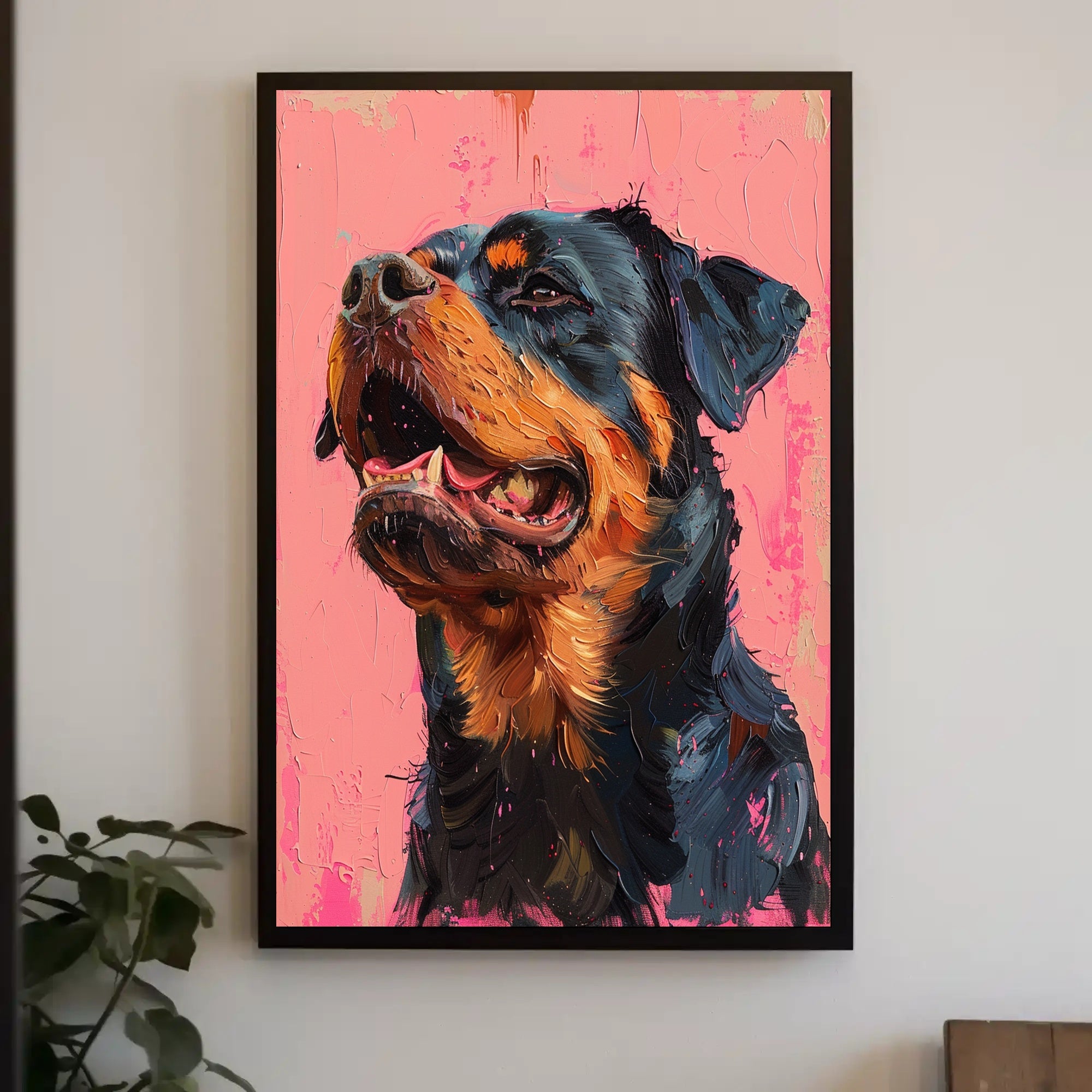 Striking Rottweiler Portrait on Vibrant Pink Dog Breed Poster PosterGoat