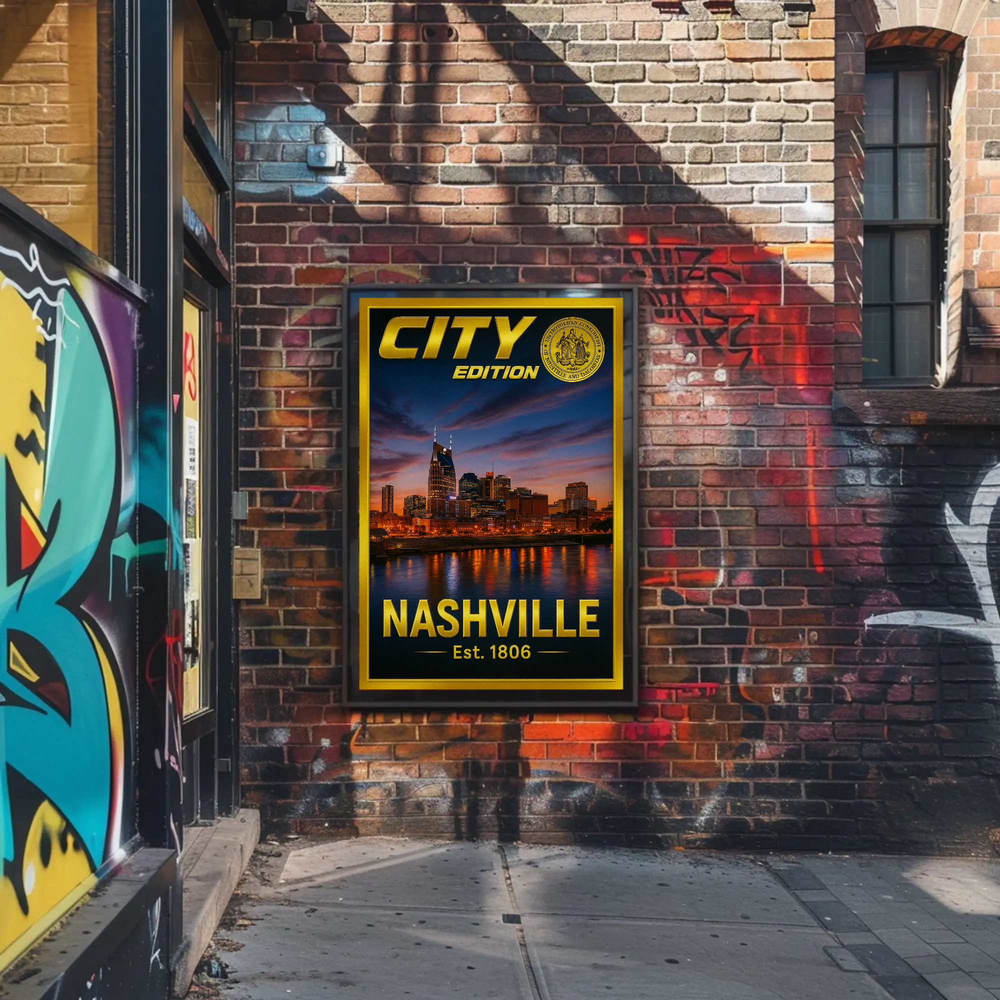 Nashville Skyline Sunset Celebration Travel Poster