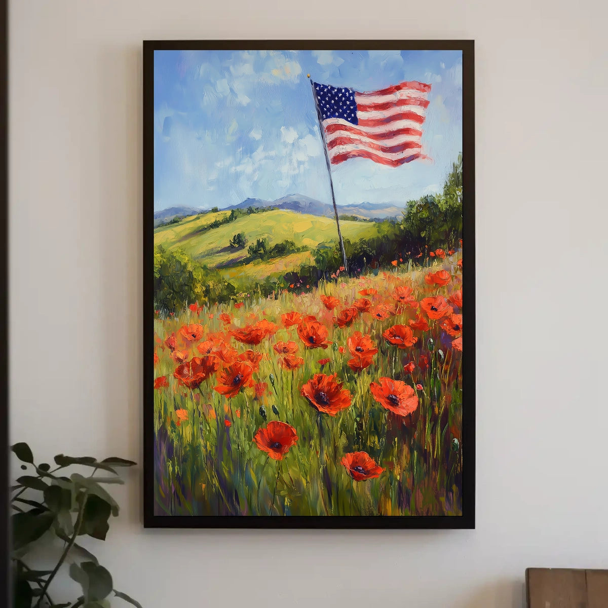 peaceful field of poppies with one large American flag Poster