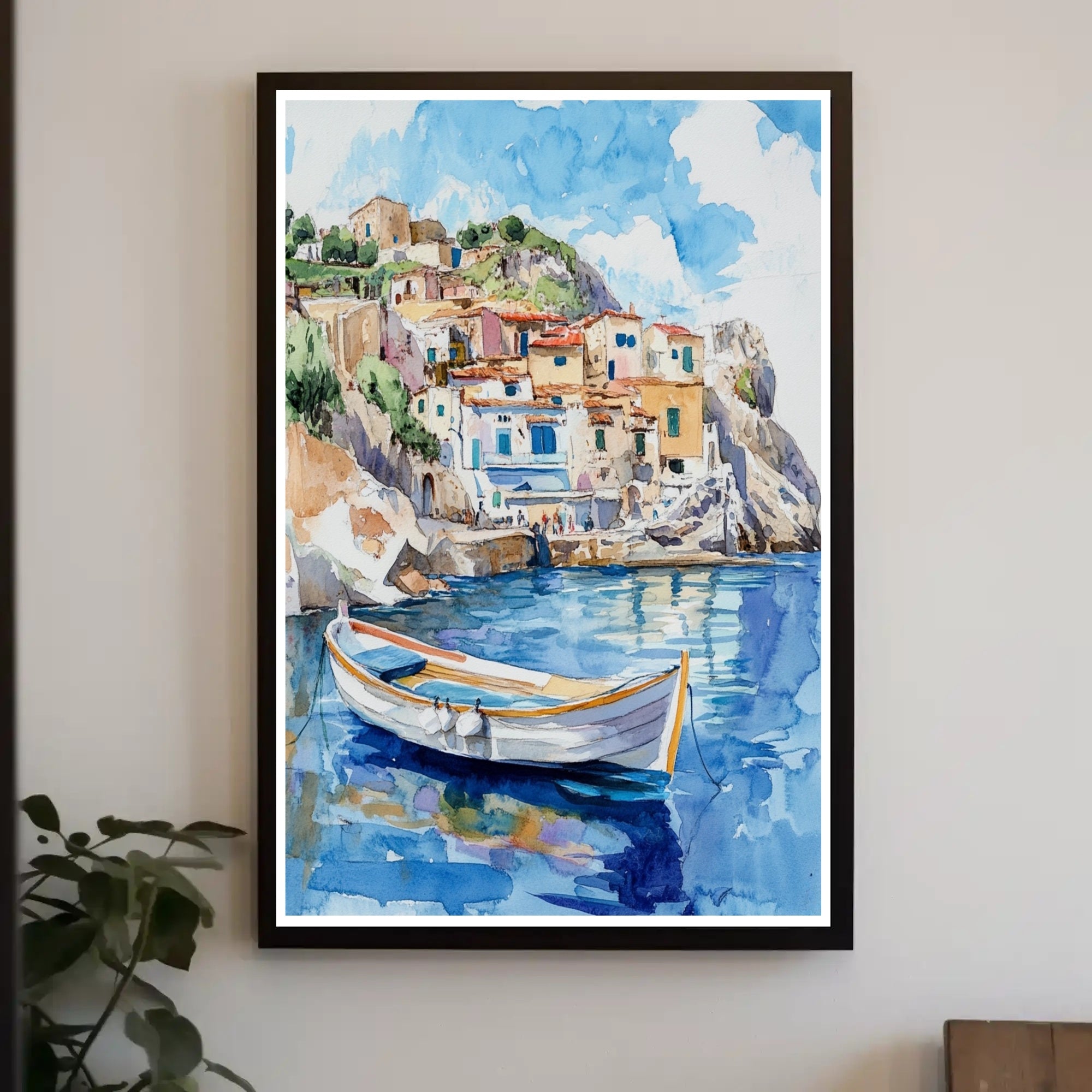 Serene Coastal Village Poster PosterGoat