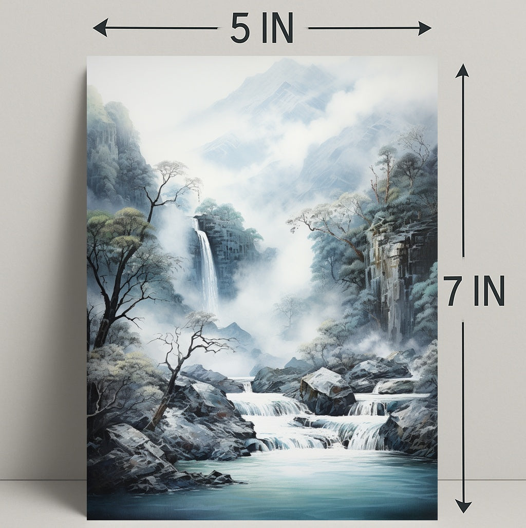 Tranquil Waterfall In Misty Mountains Poster