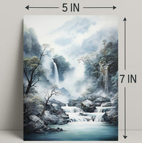 Tranquil Waterfall In Misty Mountains Poster