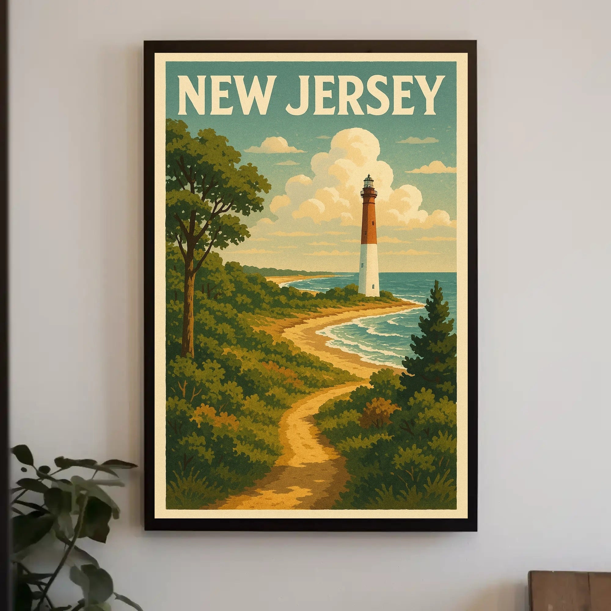 New Jersey Lighthouse Vintage Coastal Travel Poster
