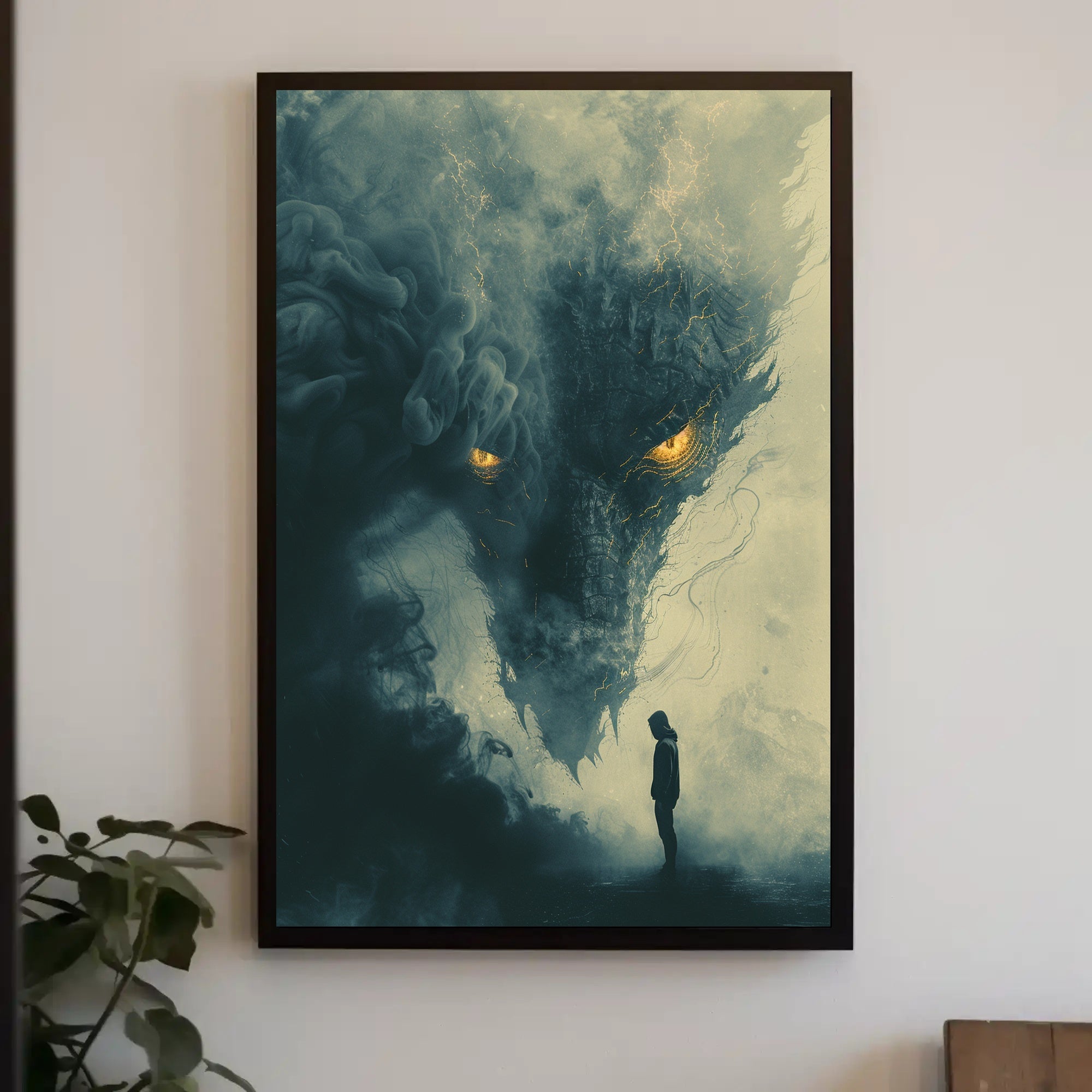 Epic Showdown: Hooded Hero vs. Ethereal Dragon PosterGoat